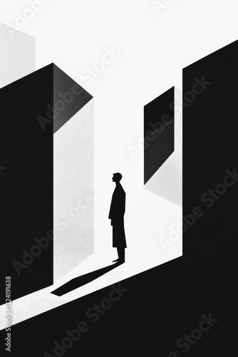 A man stands in a hallway with a shadow behind him