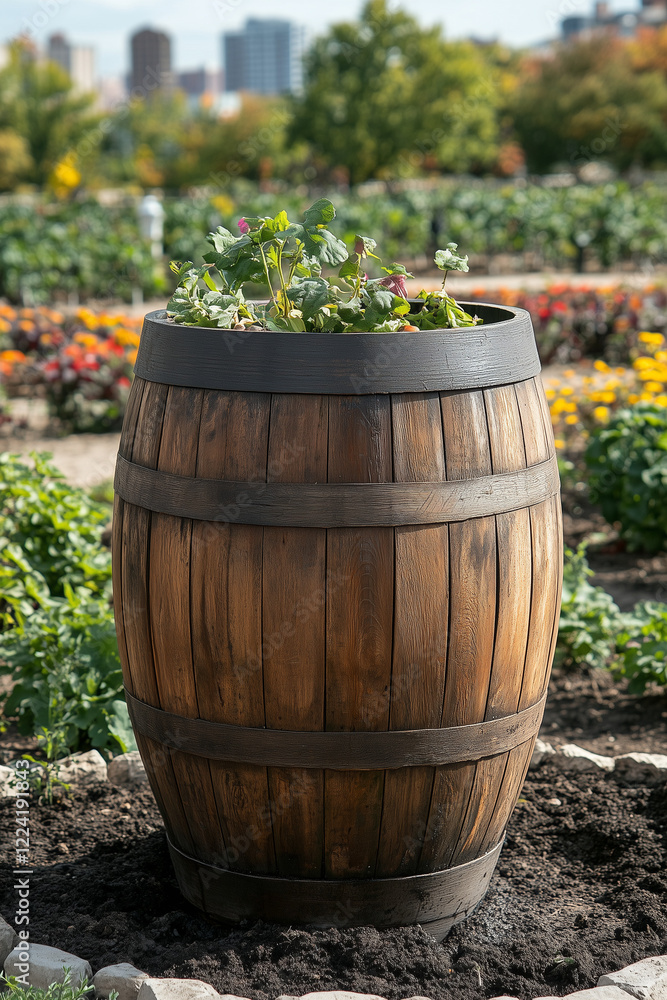 Wooden barrel planter with flowers in garden setting. Wooden barrel planter with flowers in garden setting.