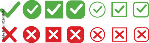 Set green approval check mark and red cross icons collection in circle and square, checklist signs, flat checkmark approval badge, isolated tick symbols, 