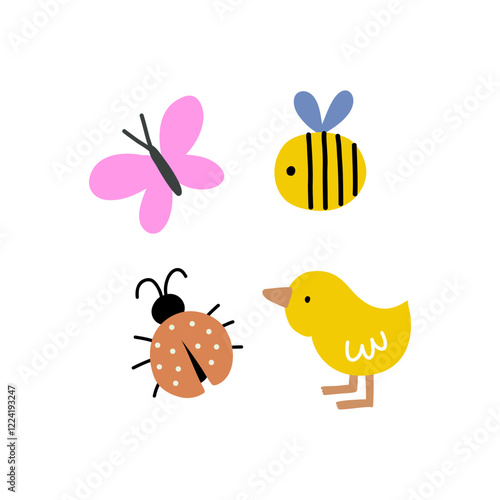 Spring print with birds. Flat style, vector print