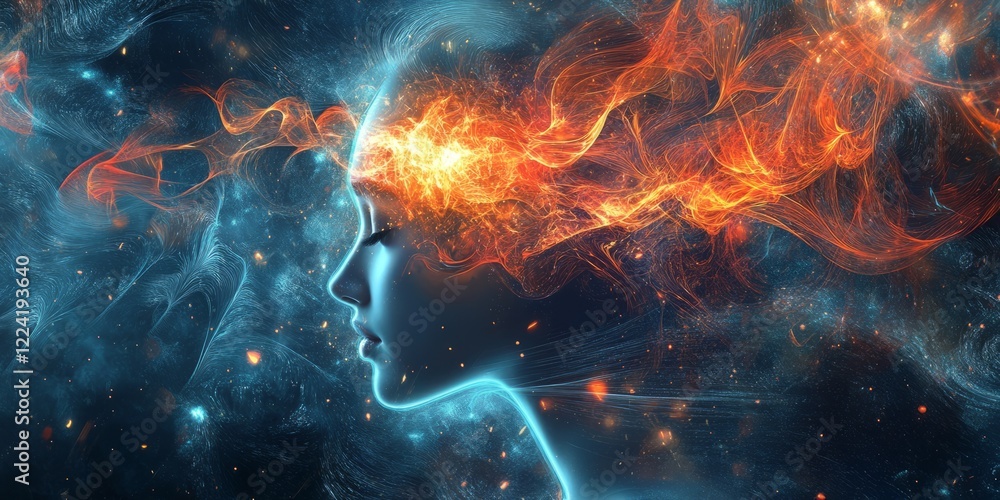 A woman's face is shown in a blue and orange background A woman's face is shown in a blue and orange background