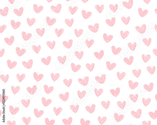 Seamless pattern for Valentine's day. Small pink hand drawn hearts on white background. Doodle icons, symbols of love. Wrapping paper.	