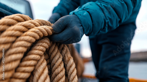 Close-up of a person handling thick marine ropes with gloves in a cold outdoor setting photo