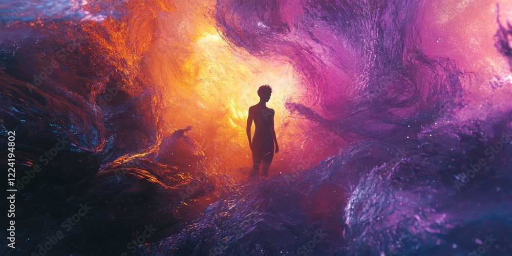 Fototapeta premium A person is standing in a purple and orange space