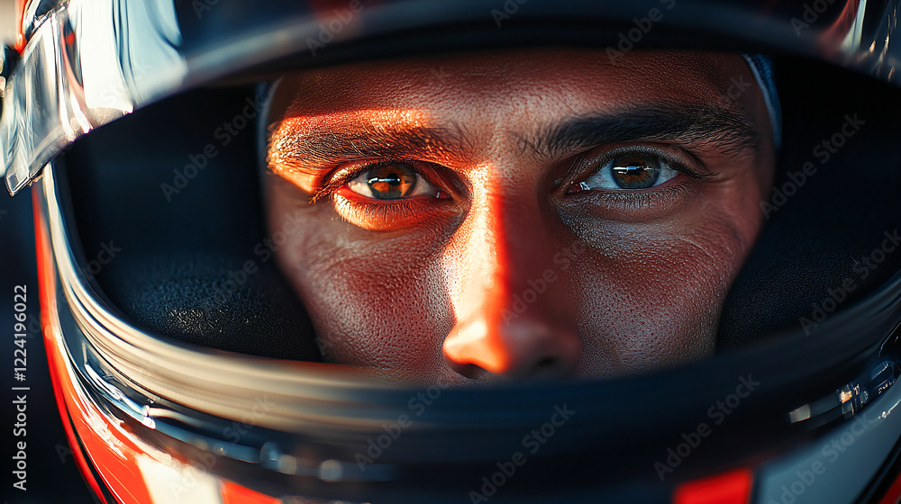 Focused Formula 1 Driver in Cockpit at Sunset, Face Close-Up with Helmet, Determined Expression, Intense Eyes, Motorsport Professional, Racing Scene Focused Formula 1 Driver in Cockpit at Sunset, Face Close-Up with Helmet, Determined Expression, Intense Eyes, Motorsport Professional, Racing Scene