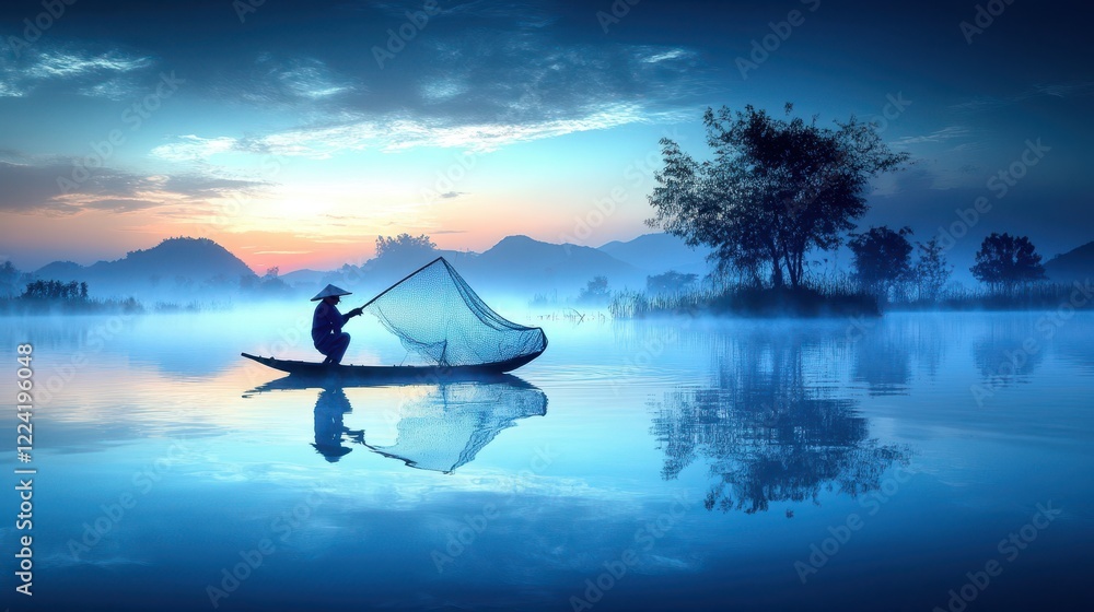 Fototapeta premium Fisherman at Dawn on Calm Water Surrounded by Misty Mountains