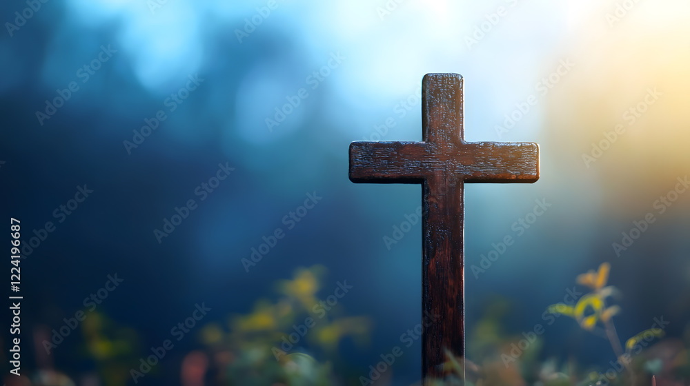 Single Wooden Cross in Soft Twilight Emanating Tranquility and Contemplative Faith : Generative AI Single Wooden Cross in Soft Twilight Emanating Tranquility and Contemplative Faith : Generative AI