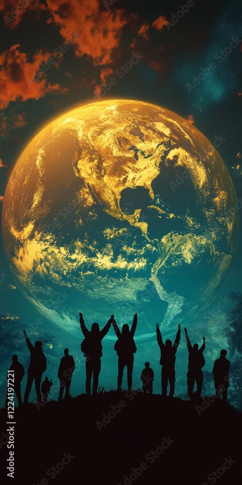 A group of people are standing on a hill, looking up at a large orange planet A group of people are standing on a hill, looking up at a large orange planet