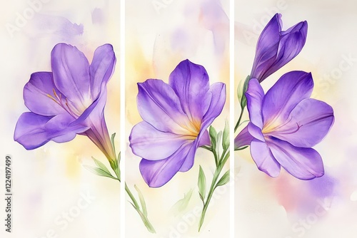 Fototapeta Naklejka Na Ścianę i Meble -  A triptych-style artwork featuring violet freesia flowers in full bloom, painted in a realistic watercolor style.
