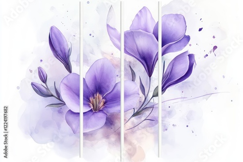 A triptych-style artwork featuring violet freesia flowers in full bloom, painted in a realistic watercolor style.