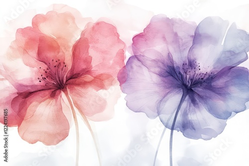 Fototapeta Naklejka Na Ścianę i Meble -  A trio of watercolor flowers in pastel shades of pink and lavender, with soft gradient details on white.