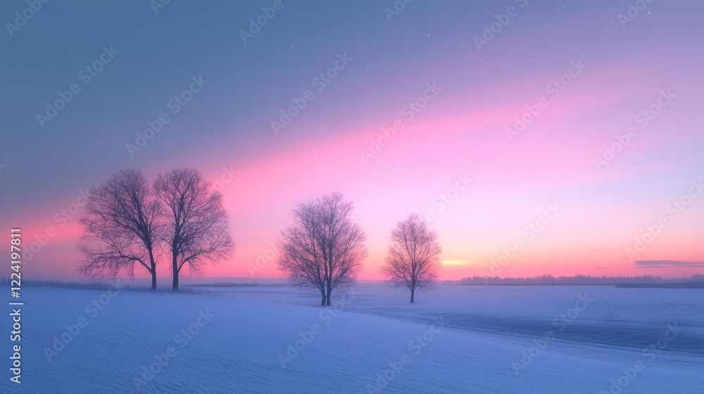 Serene winter landscape with trees against a colorful twilight sky. Serene winter landscape with trees against a colorful twilight sky.