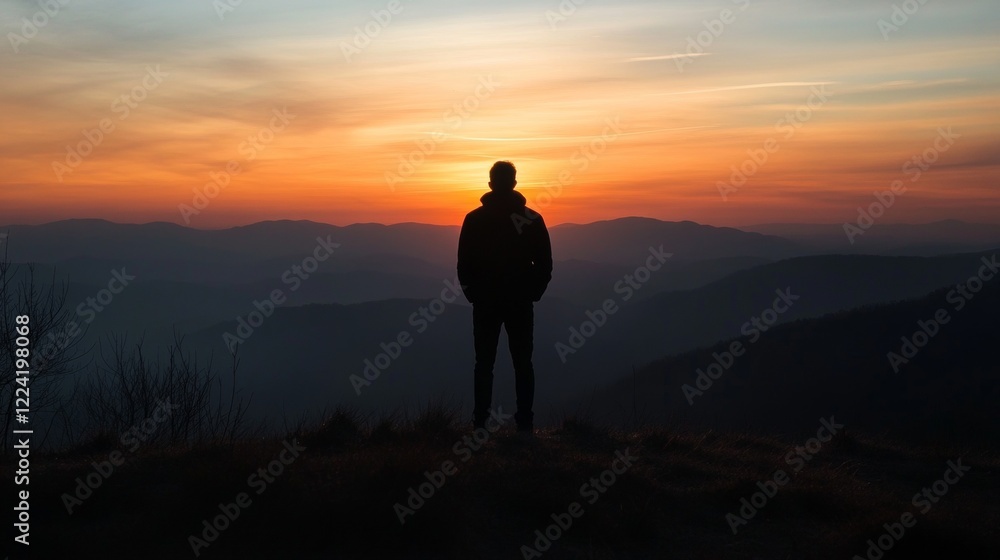 Silhouette of a Person Standing on a Hilltop Overlooking a Vibrant Sunset Silhouette of a Person Standing on a Hilltop Overlooking a Vibrant Sunset