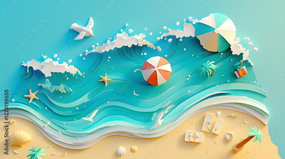 Obraz premium Summer beach theme with paper cut art showing water splashes and beach accessories