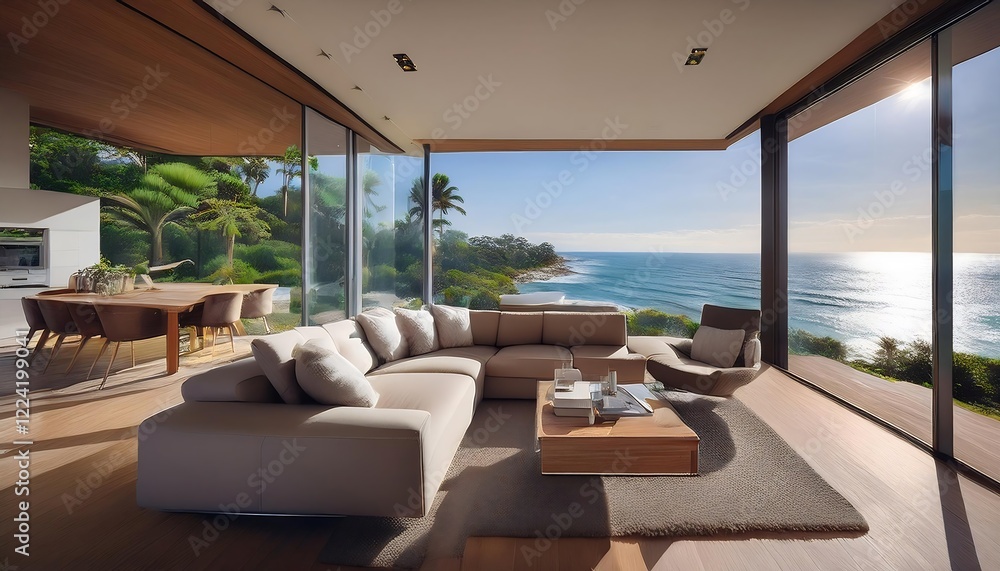 Obraz premium Modern oceanfront home with a sleek interior. Floor-to-ceiling windows showcase panoramic coastal views, blending luxurious living with natural beauty. Contemporary furniture complements the clean