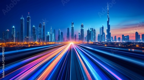 A vibrant cityscape of Dubai at dusk, featuring illuminated skyscrapers and light trails from fast-moving vehicles.