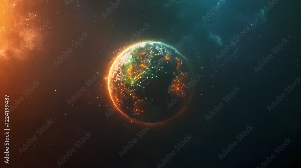 Naklejka premium Glowing Earth with abstract network connections, symbolizing global connectivity and unity in a vast universe