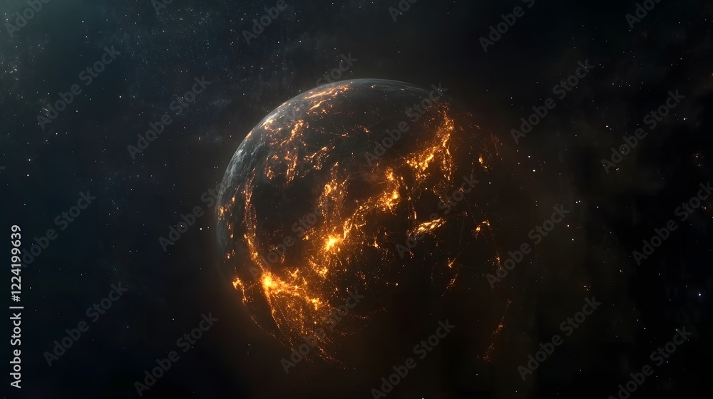 Fototapeta premium Glowing Earth with abstract network connections, symbolizing global connectivity and unity in a vast universe
