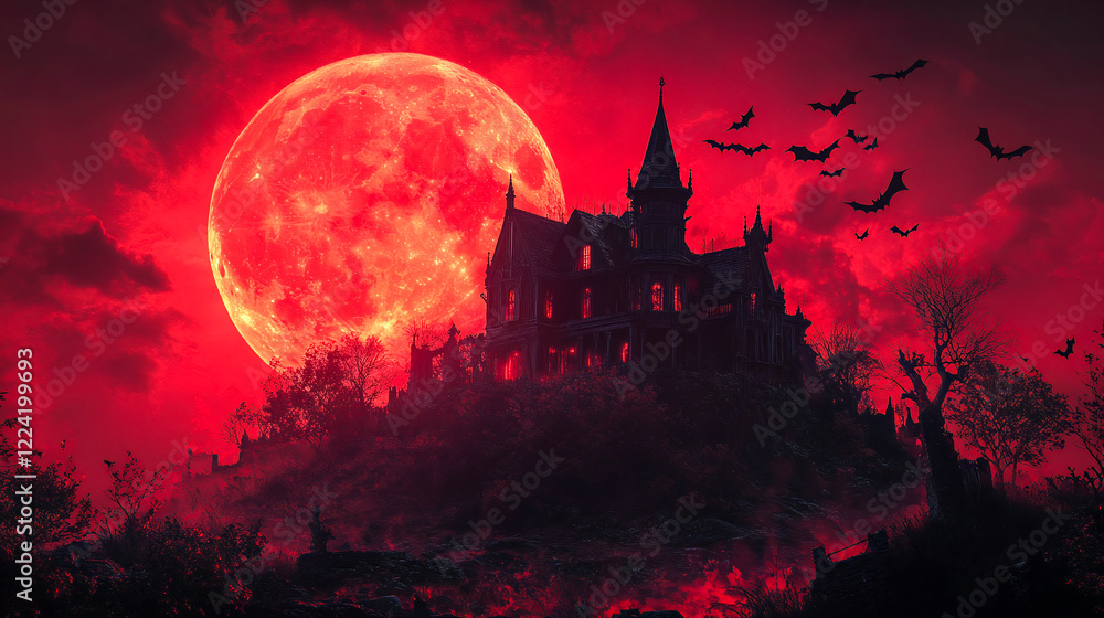Haunted house is standing on a hill with bats flying under the red moon on Halloween night Haunted house is standing on a hill with bats flying under the red moon on Halloween night