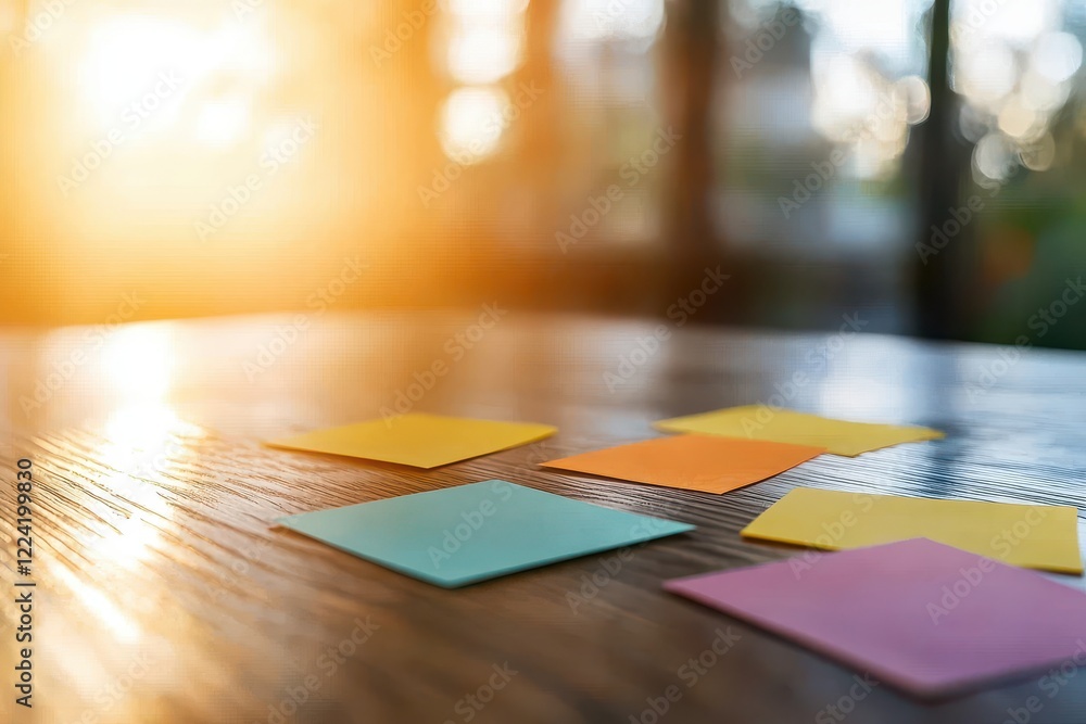 Fototapeta premium Colorful sticky notes scattered on a wooden surface, softly illuminated by warm sunlight, creating a cozy and inviting atmosphere.