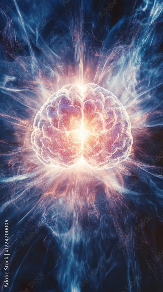 A brain is shown in a colorful, glowing light A brain is shown in a colorful, glowing light