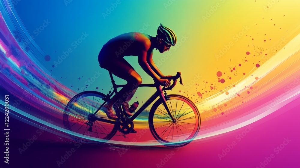 Fototapeta premium Vibrant Cyclist in Motion Against a Colorful Abstract Background Capturing Speed and Energy