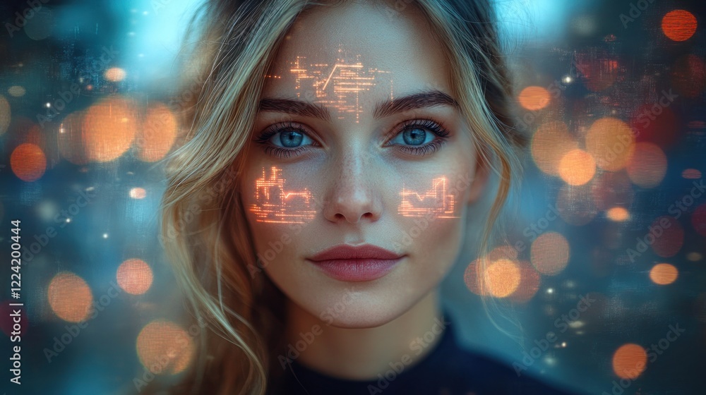Woman, futuristic face, city bokeh, night, tech Woman, futuristic face, city bokeh, night, tech