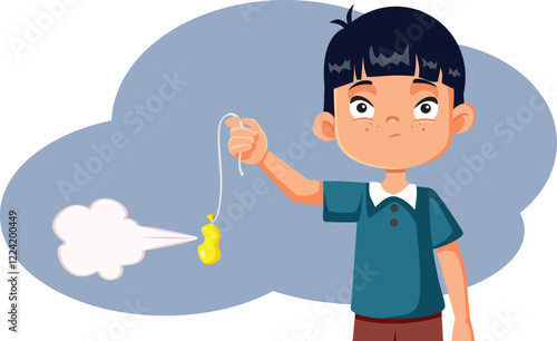 Unhappy Kid Holding a Popped Balloon Vector Cartoon Character. Young Boy Feeling frustrated and disappointed about his gift 
