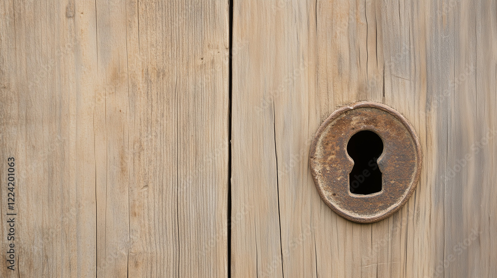 Fototapeta premium Rusty Keyhole on Weathered Wood: A close-up shot reveals a rusty keyhole set into a weathered, light brown wooden surface, hinting at age, secrets, and forgotten stories.