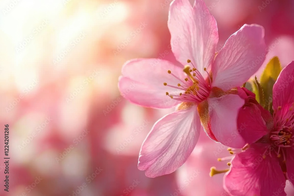 Obraz premium A close-up view of a delicate pink cherry blossom flower, basking in soft sunlight, showcasing the beauty of nature in vibrant spring colors.