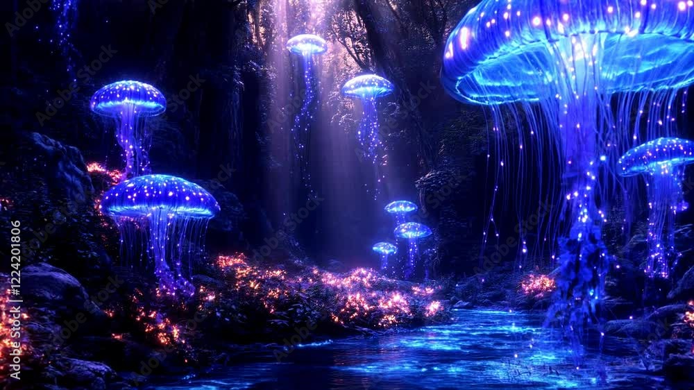 Glowing Jellyfish Forest Fantasy Scene 4K Wallpaper