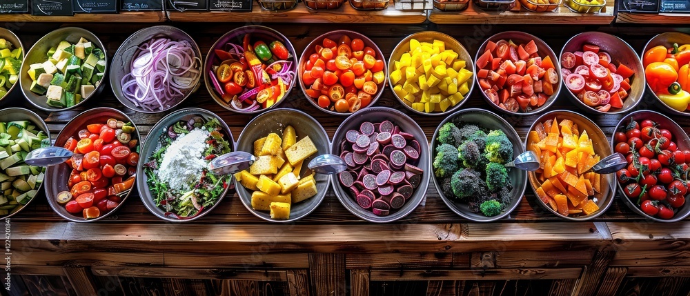 Fototapeta premium Colorful assortment of fresh vegetables and fruits displayed in bowls at a market, vibrant atmosphere