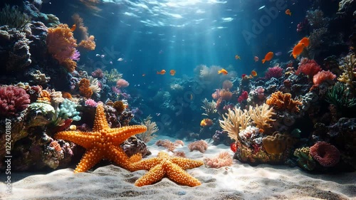 Vibrant Coral Reef Scene with Starfish and Fish