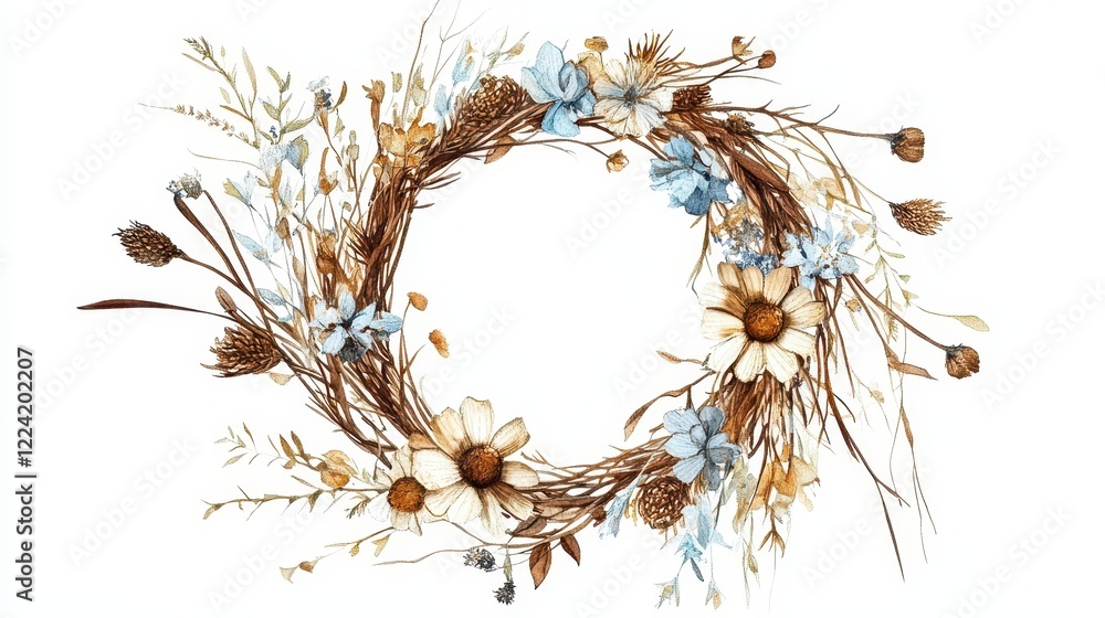 Fototapeta premium Elegant Floral Wreath with Dried Flowers and Soft Blue Accents