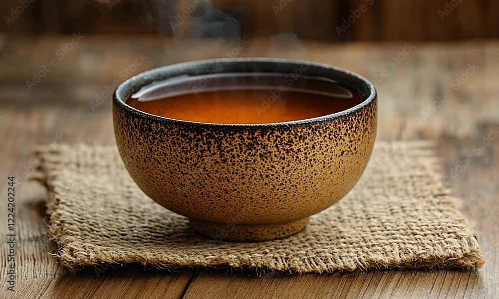 Warm steaming bowl of tea placed on a rustic wooden table with a textured cloth underneath