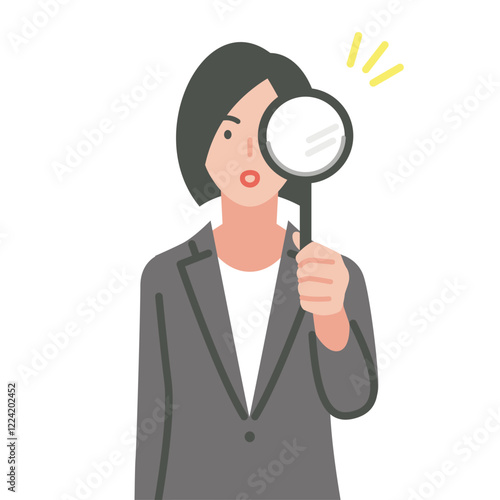 虫眼鏡を持っているスーツを着た女性のイラスト