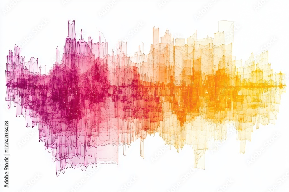 Obraz premium An abstract representation of sound waves in vibrant hues of pink, orange, and yellow, showcasing the beauty of audio visualization and creativity.