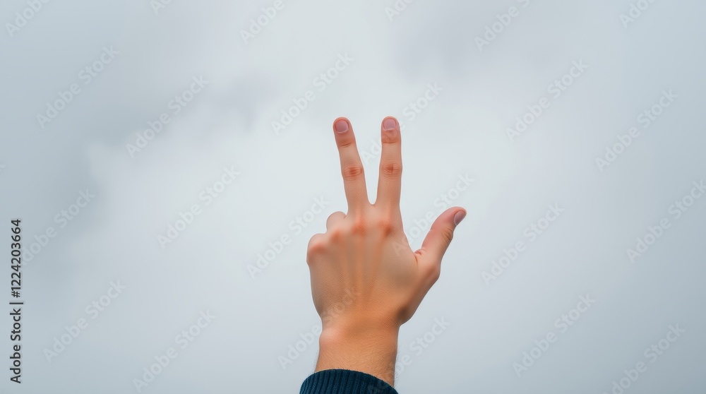 A hand stretched out into the air against a gray sky, with three fingers pointing upwards, counting 3 in the Korean style. A hand stretched out into the air against a gray sky, with three fingers pointing upwards, counting 3 in the Korean style.