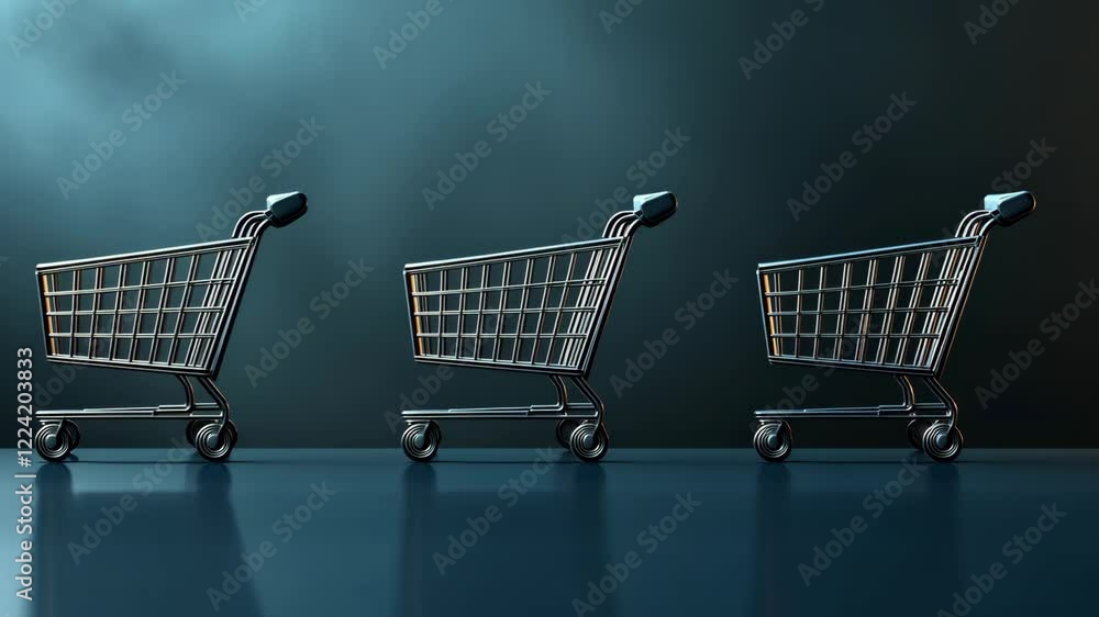 Shopping carts lined up on a glossy surface with dramatic lighting and a moody background