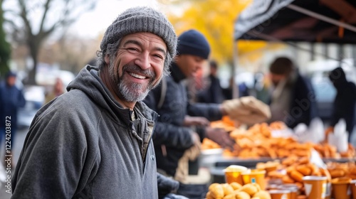 A homeless man with a warm smile receives a meal at a food distribution center, surrounded by volunteers and others in need, under a community tent, embodying kindness and support