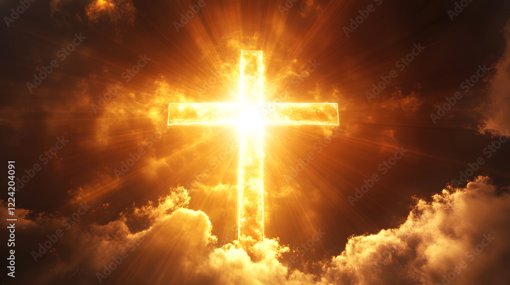 Glowing Cross in Radiant Sunset Sky Inspires Awe and Spiritual Reflection : Generative AI Glowing Cross in Radiant Sunset Sky Inspires Awe and Spiritual Reflection : Generative AI