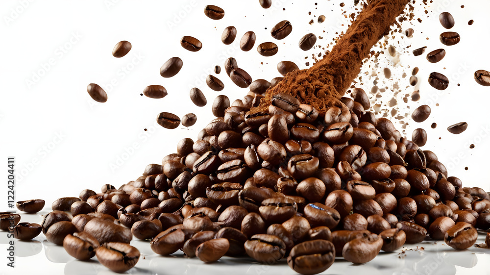 Obraz premium Falling Coffee Beans Isolated on White Background