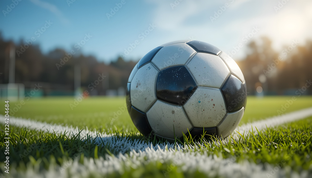 Fototapeta premium Dirty soccer ball on grassy field corner.