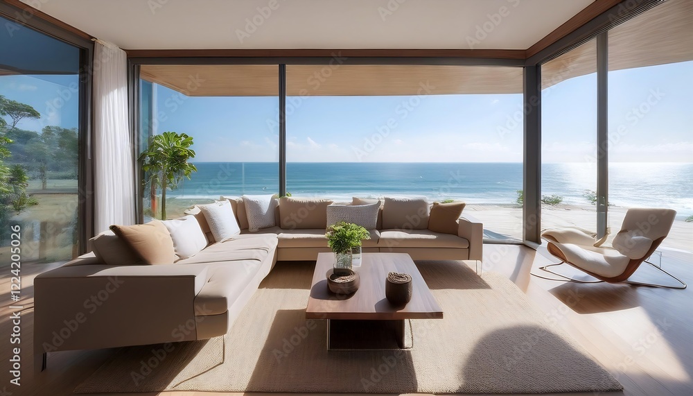 Fototapeta premium Modern oceanfront home with a sleek interior. Floor-to-ceiling windows showcase panoramic coastal views, blending luxurious living with natural beauty. Contemporary furniture complements the clean