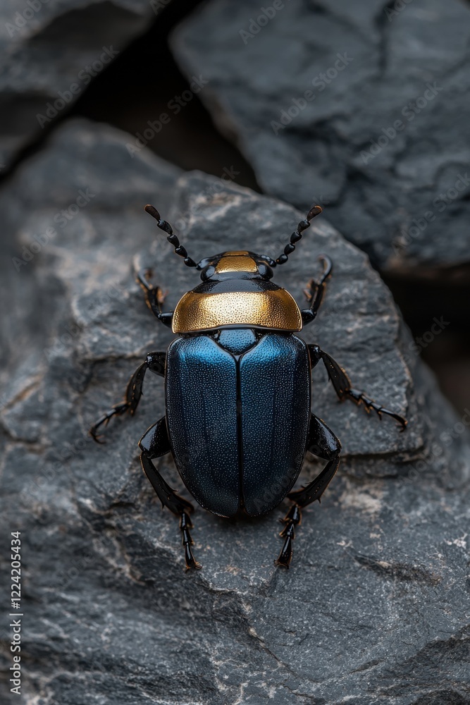 Closeup of a metallic blue and gold beetle on a rock Closeup of a metallic blue and gold beetle on a rock