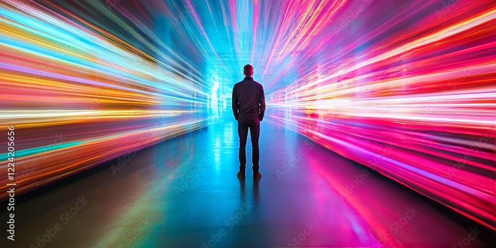 Futuristic Concept of a Person Standing Amidst Vibrant Neon Lights in a Modern Urban Environment Futuristic Concept of a Person Standing Amidst Vibrant Neon Lights in a Modern Urban Environment