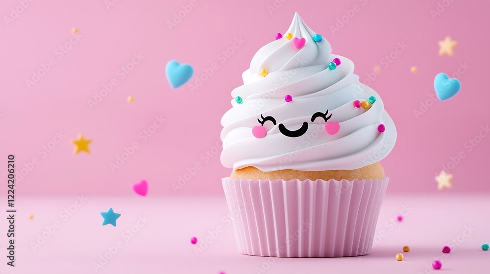 Happy Whipped Cream Cupcake with Sprinkles on Pink Background Happy Whipped Cream Cupcake with Sprinkles on Pink Background
