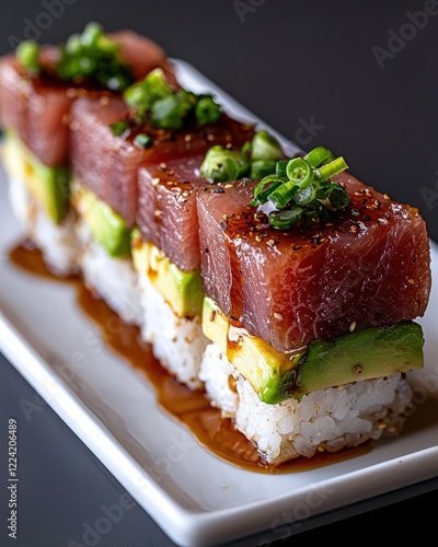 Close-up of delicious sushi with tuna and avocado