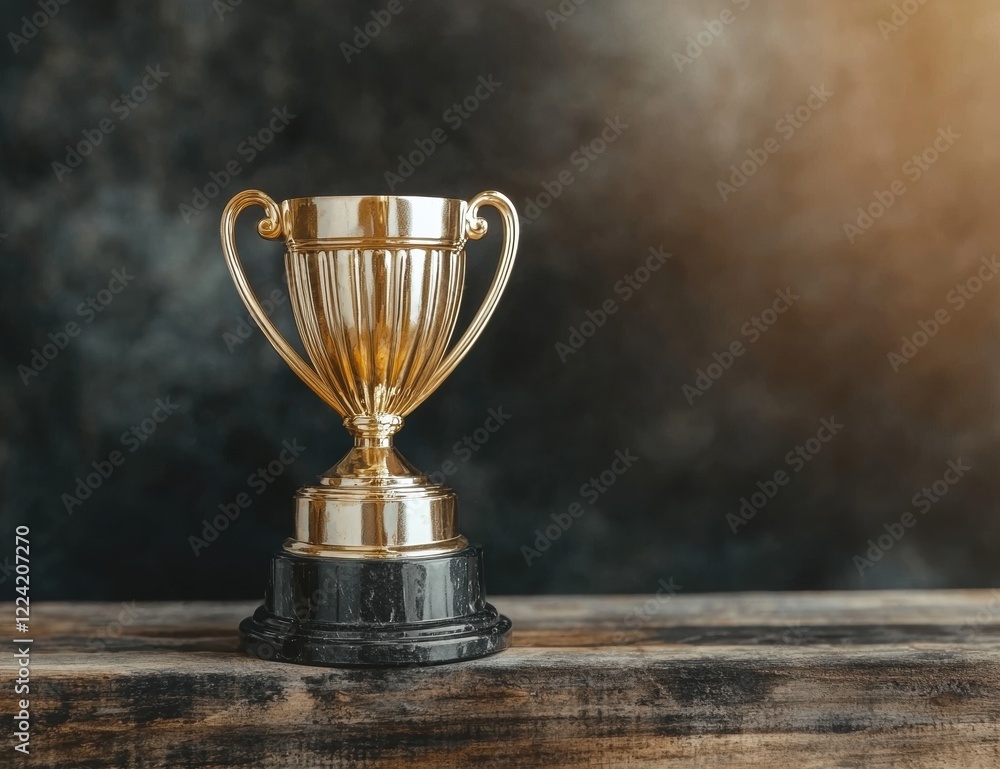 Gold trophy on wooden table against dark background Gold trophy on wooden table against dark background