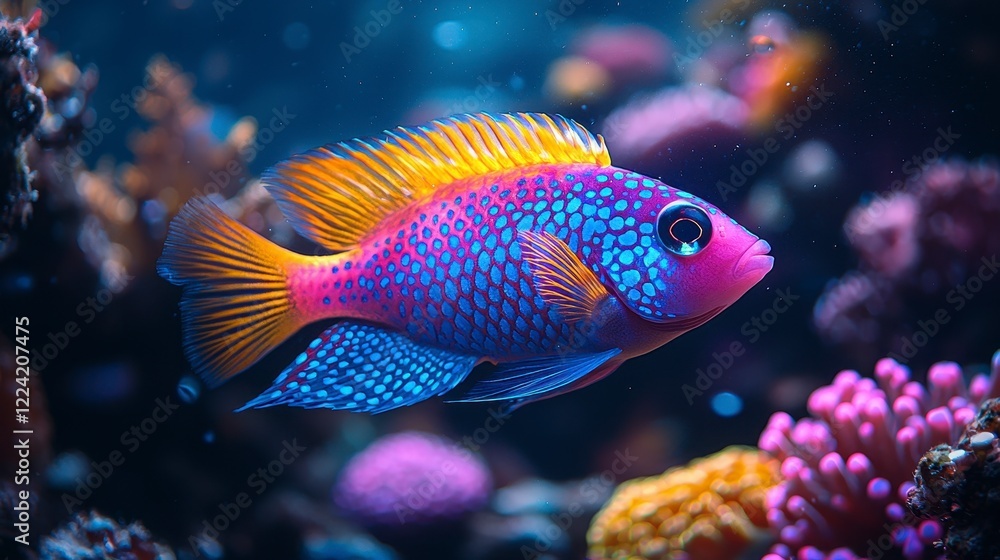 Vibrant reef fish swims in coral, underwater
